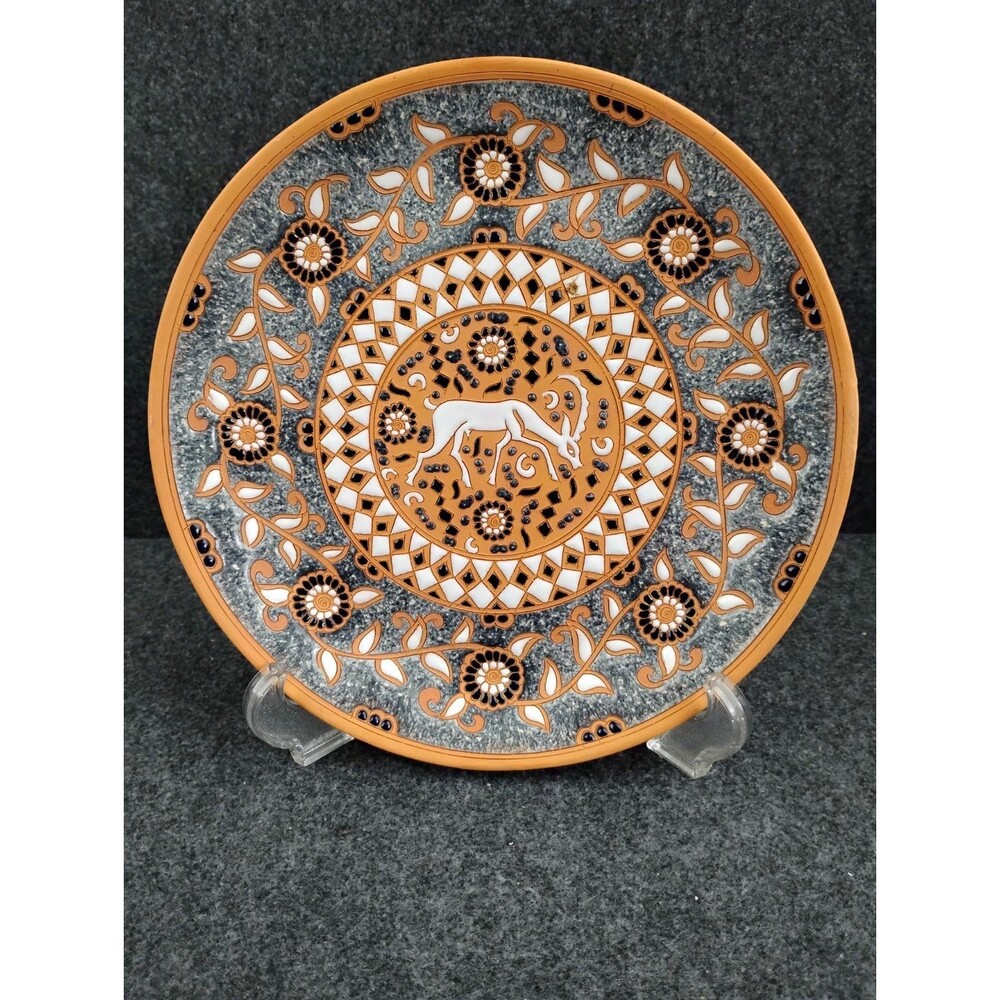 Vintage Bonis Pottery Terracotta Decorative Enamel Plate Hand Made Greece 10"